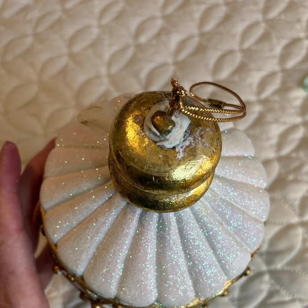 Luxurious Gold and White Holiday Ornament hard Thick Plastic Glitter Sparkles